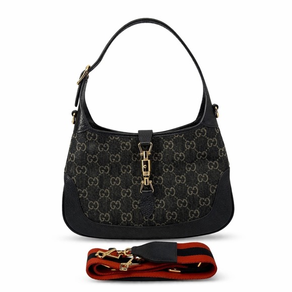 Gucci Handbags - Gucci Jackie 1961 Small Black Denim GG Bag‎ w/ Leather + Web Straps